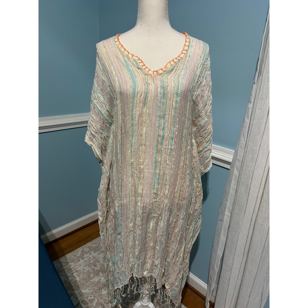 Z&L Europe Kaftan Dress Pastel Metallic Stripe Fringe V-Neck One Size OS